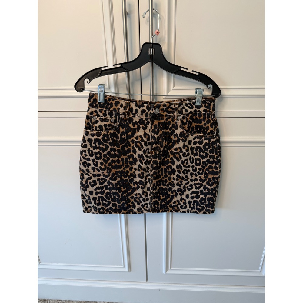 Ganni Leopard Print Denim Mini Skirt Women Size 36 Brown Excellent Animal Print